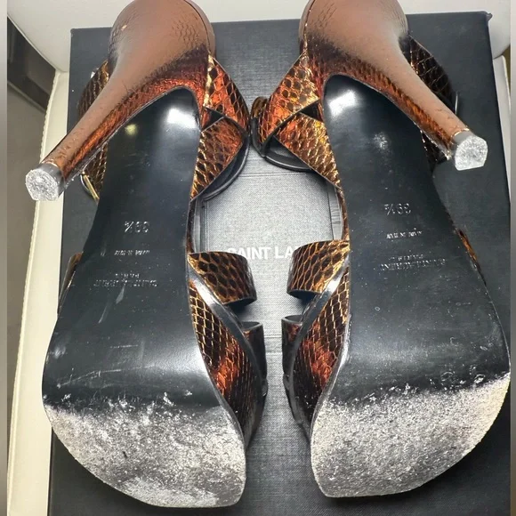 PRE-OWNED - Yves Saint Laurent Tribute Metallic Snakeskin Heel Sandals Size 39.5 - Picture 4 of 14